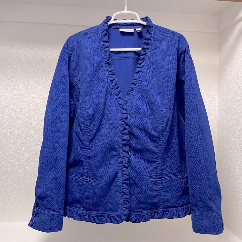 Chico’s Blue Ruffle Reptile Snake Skin Textured Button Up Jacket Sz 4 / XXL